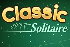 Nápis Classic Solitaire na zelenom pozadí s kartami a hviezdičkami