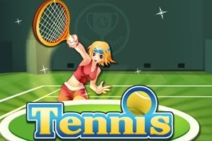 Ilustrácia ženy v športovom oblečení s raketou na tenisovom kurte, s veľkým nápisom Tennis v popredí