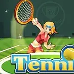 Ilustrácia ženy v športovom oblečení s raketou na tenisovom kurte, s veľkým nápisom Tennis v popredí