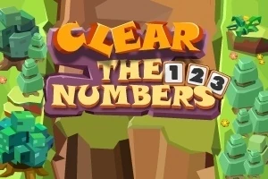 Farebný nápis Clear the Numbers s číslami v hernom grafickom prostredí s geometrickými stromami