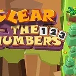 Farebný nápis Clear the Numbers s číslami v hernom grafickom prostredí s geometrickými stromami