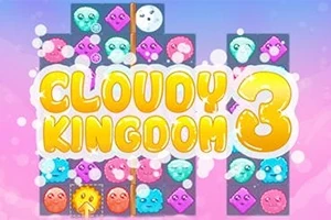 Farebné kreslené tváre a symboly na tmavšom pozadí s veľkým nápisom „Cloudy Kingdom 3 v popredí