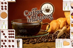 Šálka kávy obklopená kávovými zrnami a croissantami, s nápisom Coffee Mahjong
