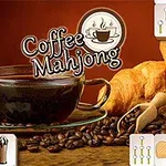 Šálka kávy obklopená kávovými zrnami a croissantami, s nápisom Coffee Mahjong