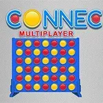 Modrá hracia doska so žltými a červenými diskmi, s nápisom CONNECT 4 MULTIPLAYER v hornej časti