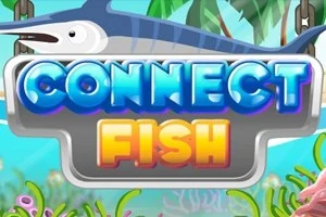 Nápis Connect Fish v jasných farbách s grafikou mečúňa a koralového pozadia