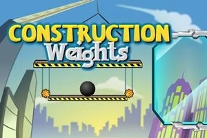 Názov Construction Weights na farebnom pozadí s mestskými budovami a závažím zaveseným na plošine