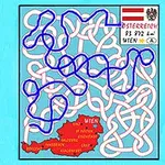 Bludisko s modrou čiarou vedúce cez ružové cesty na mape Rakúska s vyznačenými informáciami o krajine