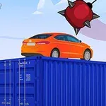 Oranžové auto na modrom kontajneri s veľkou červenou ostnatou guľou vo vzduchu
