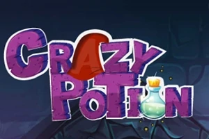 Farebný nápis CRAZY POTION s malou fľaškou elixíru na tmavom pozadí