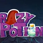 Farebný nápis CRAZY POTION s malou fľaškou elixíru na tmavom pozadí