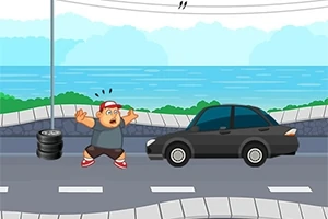 Muž vyzerá vystrašene, stojí pri ceste, kde blízko prechádza auto, v pozadí je more a modrá obloha