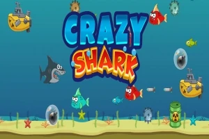 Podmorská scéna s farebnými rybami, žralokom, ponorkami a nápisom Crazy Shark na modrom pozadí