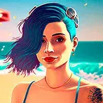 Žena s modrými vlasmi a tetovaním na ramene na pláži s oceánom v pozadí