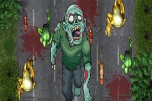 Na obrázku je veľký karikatúrny zombie kráčajúci po ceste s krvou a horiacimi autami v pozadí