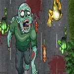 Na obrázku je veľký karikatúrny zombie kráčajúci po ceste s krvou a horiacimi autami v pozadí