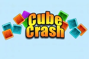 Farebné kocky obklopujúce nápis Cube Crash na modrom pozadí