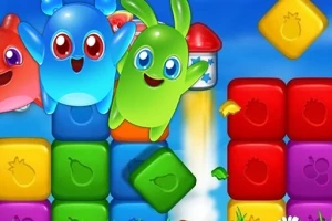 Farebné kreslené postavičky a bloky v jasných farbách s modrou oblohou v pozadí
