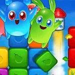 Farebné kreslené postavičky a bloky v jasných farbách s modrou oblohou v pozadí