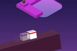 Dva farebné kocky na šikmej plošine v 3D grafike s fialovým pozadím