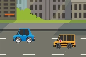 Moderne kreslené autá na ceste s mestskou krajinou v pozadí