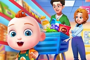 Dieťa so širokým úsmevom beží pred rodičmi tlačiacimi nákupný vozík plný potravín v supermarkete