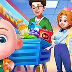 Dieťa so širokým úsmevom beží pred rodičmi tlačiacimi nákupný vozík plný potravín v supermarkete