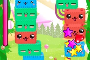 Farebné bloky s tvárami a hviezdami na hravom pozadí so stromami a lízankami