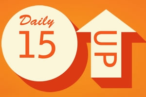Kruh s textom Daily 15 vedľa šípky smerujúcej hore s textom UP na oranžovom pozadí