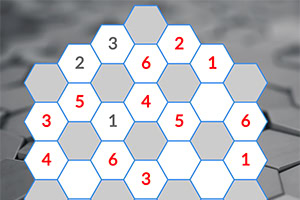Hexagonálna mriežka s číslami 1 až 6 v rôznych umiestneniach na sivom pozadí