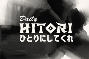 Čiernobiely obrázok s textom Daily Hitori a japonskými znakmi na abstraktnom pozadí