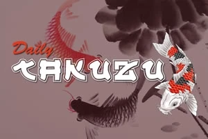 Nápis Daily Takuzu s dekoratívnymi koi kaprami na červeno-šedom pozadí