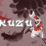 Nápis Daily Takuzu s dekoratívnymi koi kaprami na červeno-šedom pozadí