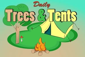 Strom a stan na zelenej lúke s táborovým ohňom v popredí a nápisom Daily Trees & Tents