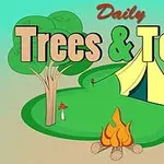 Strom a stan na zelenej lúke s táborovým ohňom v popredí a nápisom Daily Trees & Tents