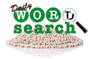 Nápis Daily Word Search so zväčšovacím sklom nad hromadou kociek s písmenami