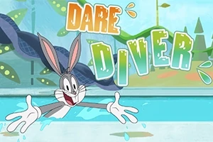 Kreslený králik skáče do bazéna s textom Dare Diver v pozadí