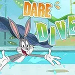 Kreslený králik skáče do bazéna s textom Dare Diver v pozadí