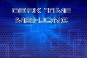 Modrá grafická obrazovka so štýlovým futuristickým nápisom Dark Time Mahjong na tmavom pozadí s geometrickými vzormi