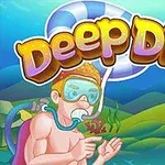Potápač s potápačskými okuliarmi a šnorchlom ukazuje gesto pod vodnou hladinou, s textom Deep Dive nad ním