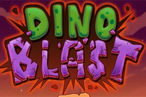 Farebné kreslené logo s nápisom Dino Blast na pozadí pripomínajúcom výbuch