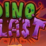 Farebné kreslené logo s nápisom Dino Blast na pozadí pripomínajúcom výbuch