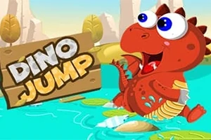 Červený dinosaurus so širokým úsmevom skáče po plávajúcich platformách na svetlomodrej vode, so skalnatou krajinou v pozadí a nápisom Dino Jump na drevenej tabuľke