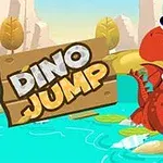 Červený dinosaurus so širokým úsmevom skáče po plávajúcich platformách na svetlomodrej vode, so skalnatou krajinou v pozadí a nápisom Dino Jump na drevenej tabuľke