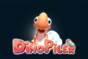Oranžový dinosaur so širokým úsmevom pred dinosauřím vajcom na tmavom pozadí, s farebným nápisom „DinoPiler“ pod nimi