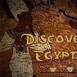 Staroveká egyptská freska s postavami a nápisom Discover Egypt