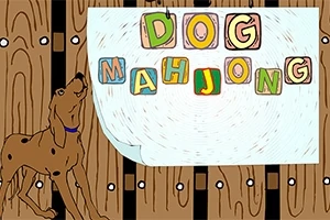 Pes s modrým obojkom stojí vedľa dreveného plotu, na ktorom sú písmená skladané do slov DOG MAHJONG