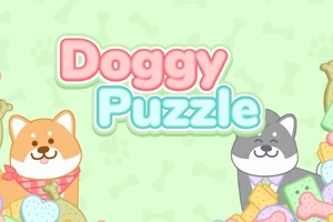 Dve kreslené psíky v rohoch obrázka s pastelovými kostičkami a nápisom „Doggy Puzzle“ uprostred