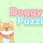 Dve kreslené psíky v rohoch obrázka s pastelovými kostičkami a nápisom „Doggy Puzzle“ uprostred