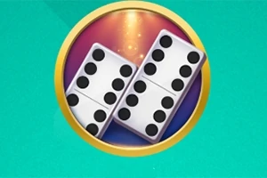 Dve domino kocky s rôznym počtom bodiek na tyrkysovom pozadí v kruhovom zlatom rámiku